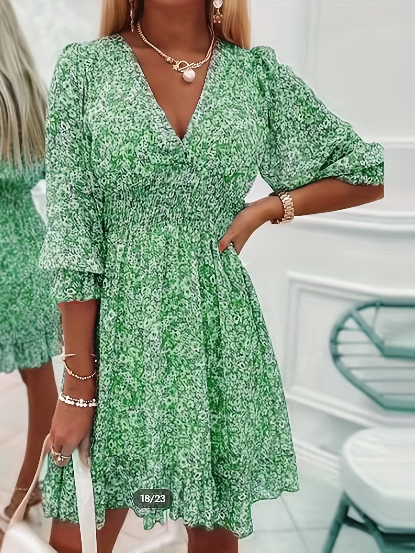 Infinity Beautiful Graceful Bloom Dress – V-Neck Print with Ruffle Sleeves & Flattering Waist, Perfect for Spring & Fall