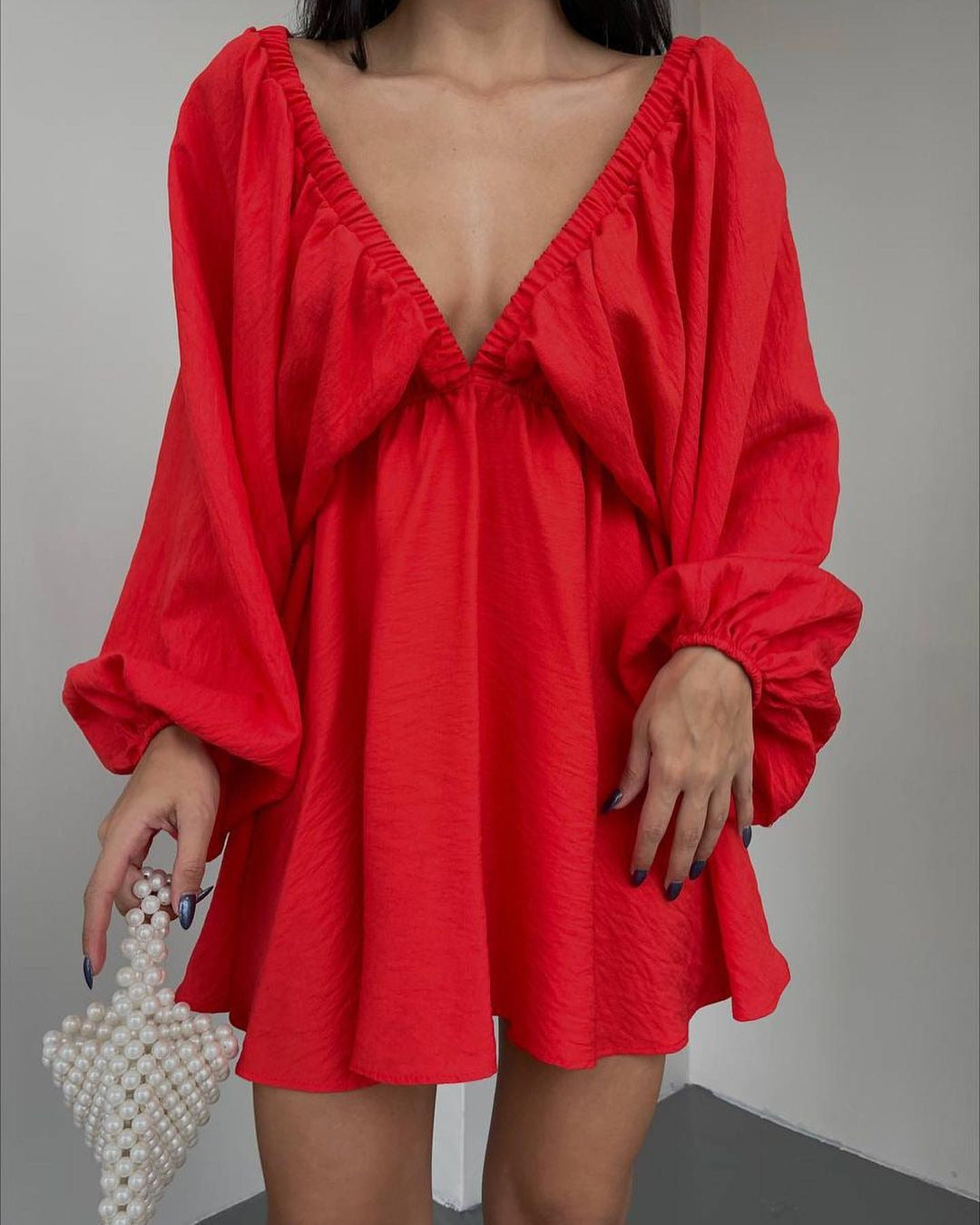 Infinity Beautiful Lantern Sleeve Dress – V-Neck Loose Fit Fashion Style