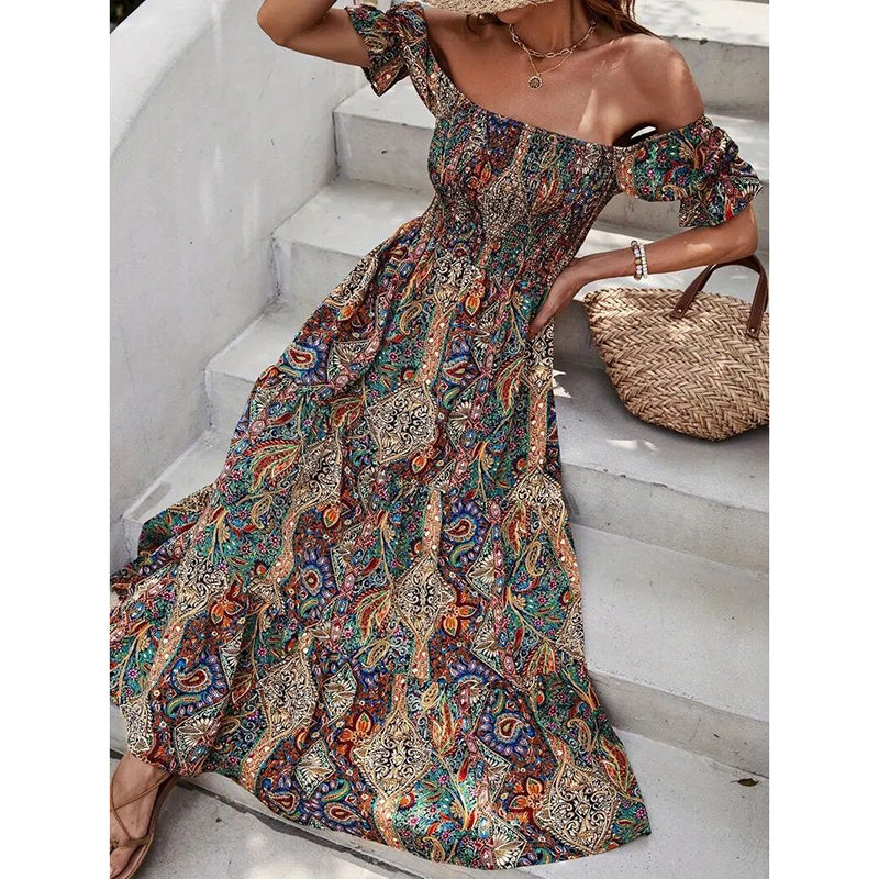 Women's Off The Shoulder Dresses Boho Flowy Smocked Maxi Sundress Beach Vacation Summer Dress - Infinity Beautiful Boutique
