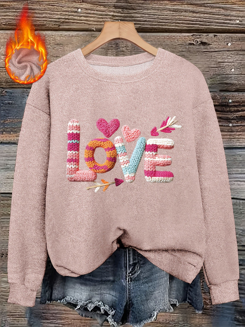 Women’s Heart Print Faux Fur Crew Neck Sweater