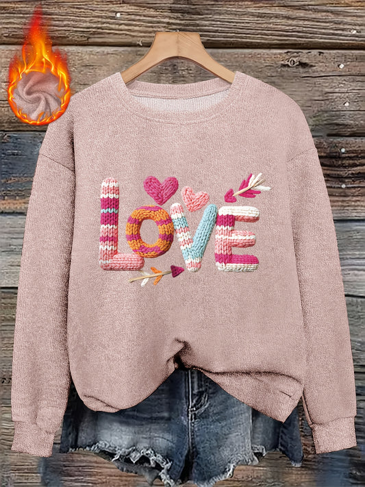 Women’s Heart Print Faux Fur Crew Neck Sweater