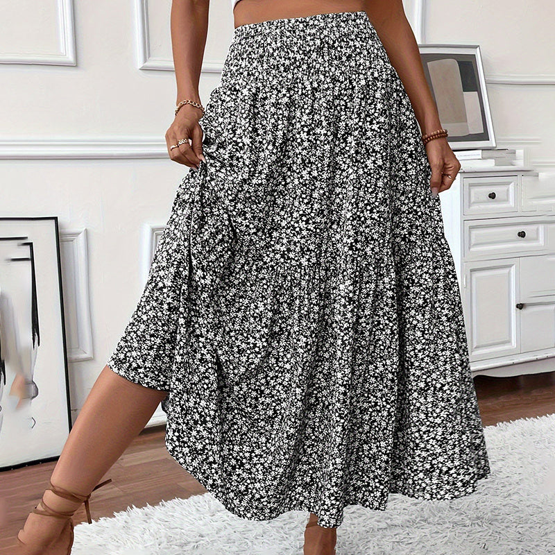Women's Boho Floral Maxi Skirt - High Elastic Waist, Pleated A-Line Long Skirt - Infinity Beautiful Boutique