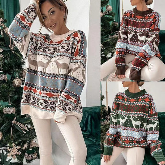Women's Fashion Round Neck Loose Christmas Theme Jacquard Long Sleeve Sweater - Infinity Beautiful Boutique