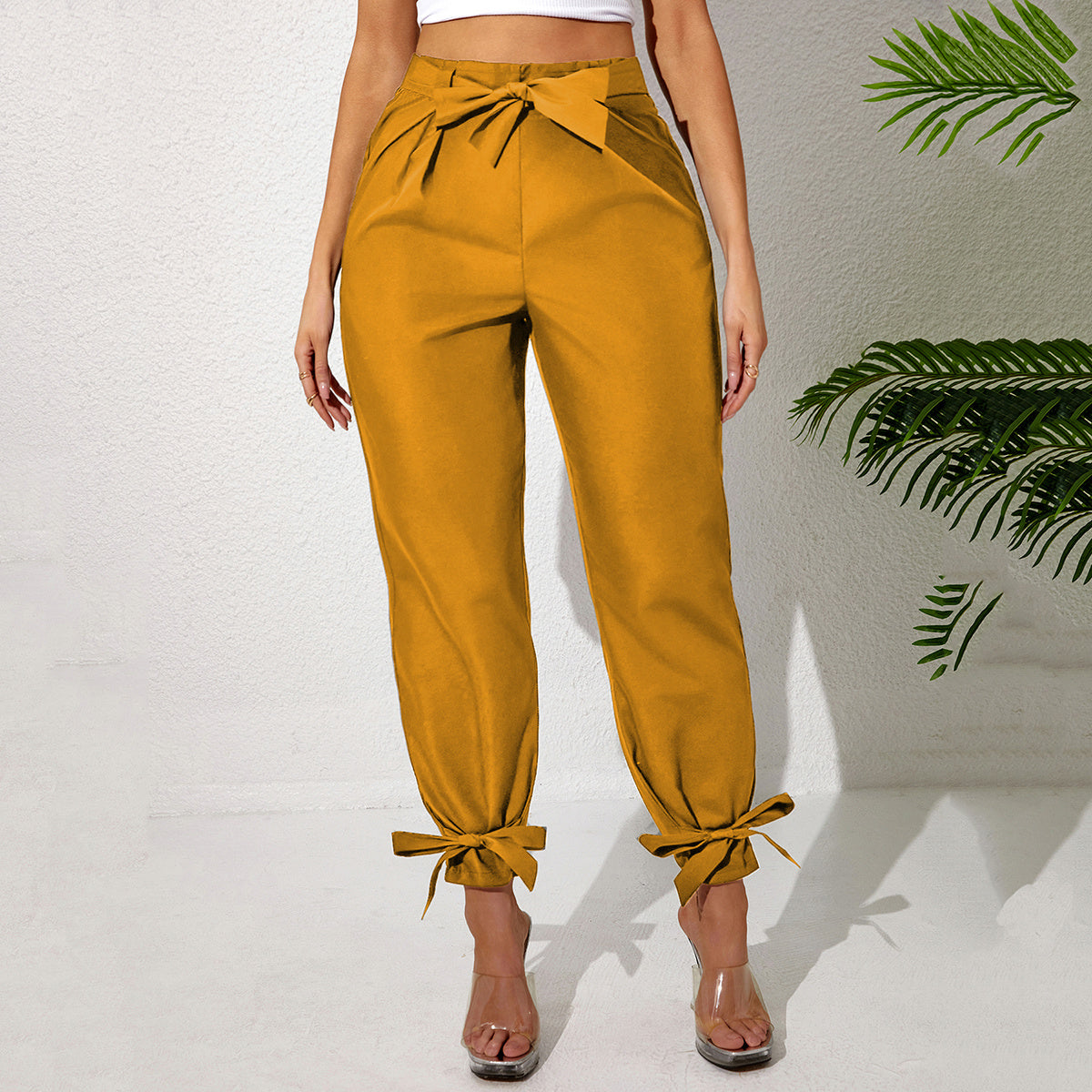Solid Color Temperament Leg Tie Wooden Ear Trim Casual Women's Pants
