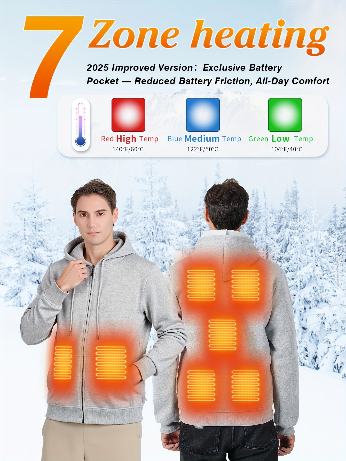 Men’s Heated Zip-Up Hoodie – 7 Heating Zones, Unisex Fit (Battery Not Included)