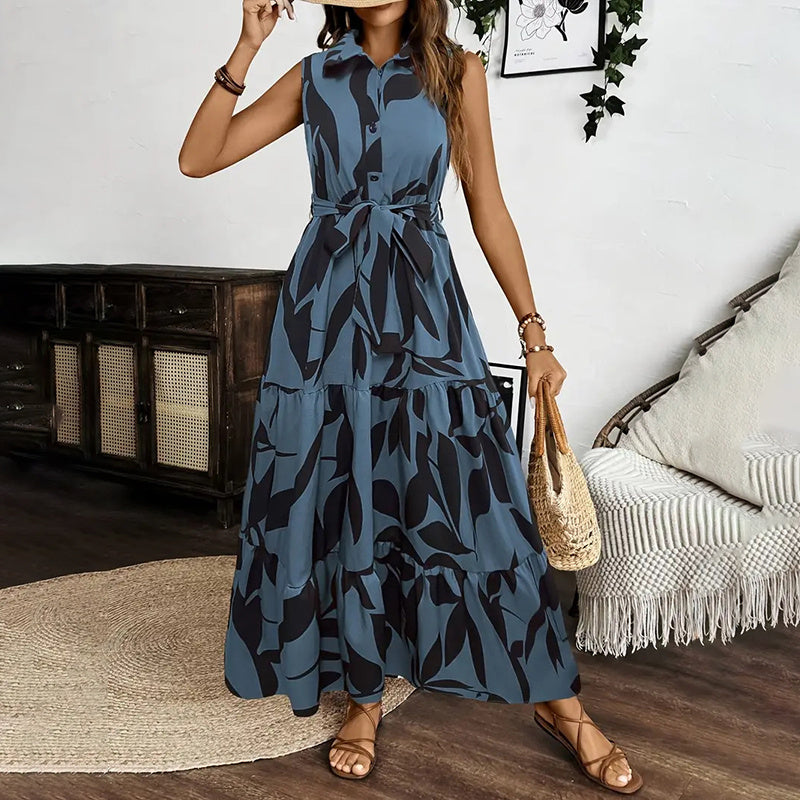 Infinity Beautiful Boho Breeze Maxi – Sleeveless Floral Dress with V-Neck, Button Front & Belted Waist