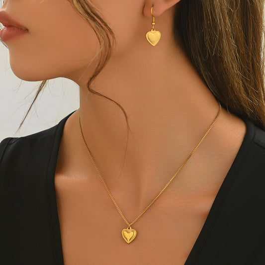 Lxalry 18K Gold Plated Stainless Steel Puffy Heart Pendant Necklace And Earrings Set For Women - Waterproof, Hypoallergenic, Cute Jewelry Gift For Birthday, Anniversary, Daily Wear, Summer Outfits - Infinity Beautiful Boutique