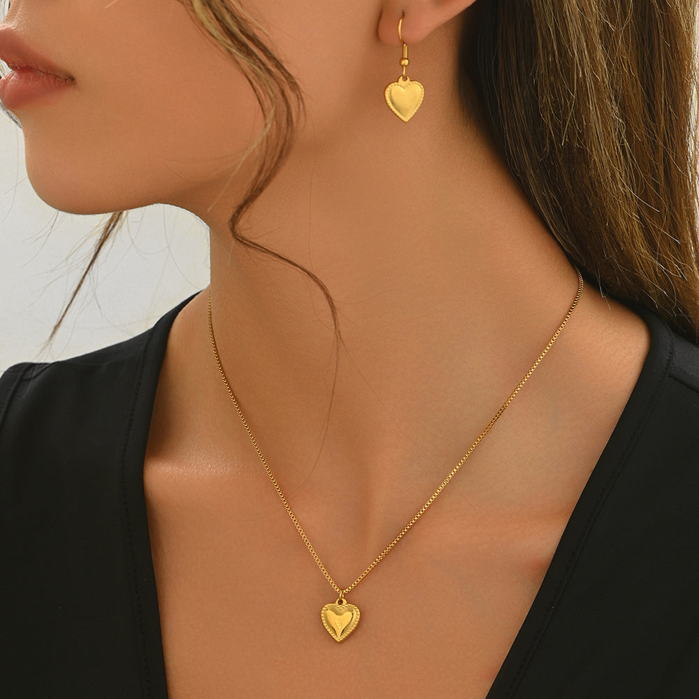 Lxalry 18K Gold Plated Stainless Steel Puffy Heart Pendant Necklace And Earrings Set For Women - Waterproof, Hypoallergenic, Cute Jewelry Gift For Birthday, Anniversary, Daily Wear, Summer Outfits - Infinity Beautiful Boutique