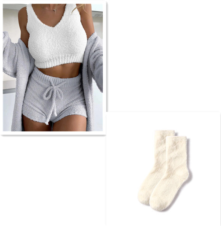 Infinity Beautiful 3-Piece Thermal Lounge Set – Fluffy Coat, Spaghetti Strap Top & Shorts - Infinity Beautiful Boutique