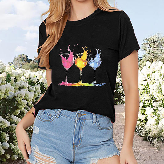 Infinity Beautiful Sip & Style Tee – Wine Glass Print Crew Neck with Casual Short Sleeves - Infinity Beautiful Boutique