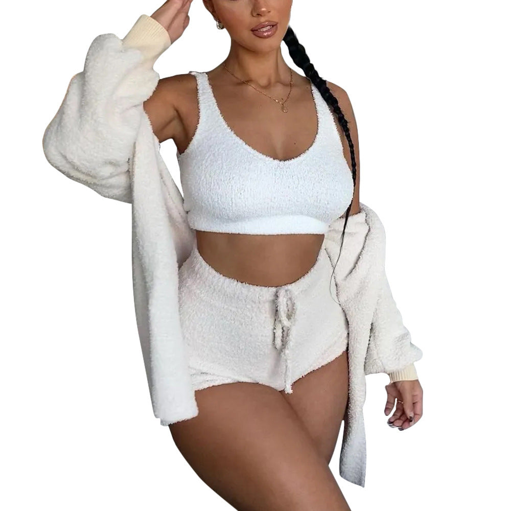 Infinity Beautiful 3-Piece Thermal Lounge Set – Fluffy Coat, Spaghetti Strap Top & Shorts - Infinity Beautiful Boutique