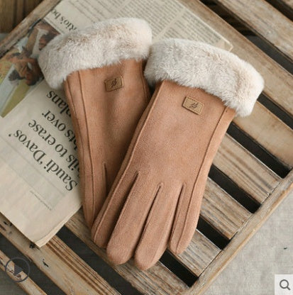 Gloves Female Autumn and Winter Warm Korean Version Plus Velvet Thick five Fingers Retro Suede Touch Screen Gloves Cute Driving - Infinity Beautiful Boutique