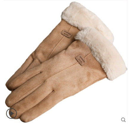 Gloves Female Autumn and Winter Warm Korean Version Plus Velvet Thick five Fingers Retro Suede Touch Screen Gloves Cute Driving - Infinity Beautiful Boutique