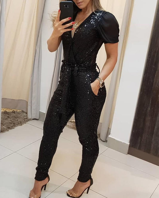 Infinity Beautiful Deep V Sequin Jumpsuit – Glam Party One-Piece for Women - Infinity Beautiful Boutique