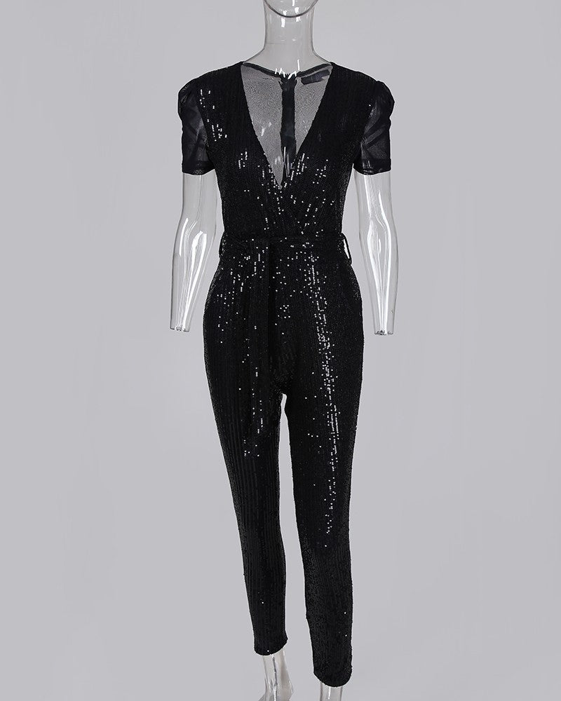 Infinity Beautiful Deep V Sequin Jumpsuit – Glam Party One-Piece for Women - Infinity Beautiful Boutique