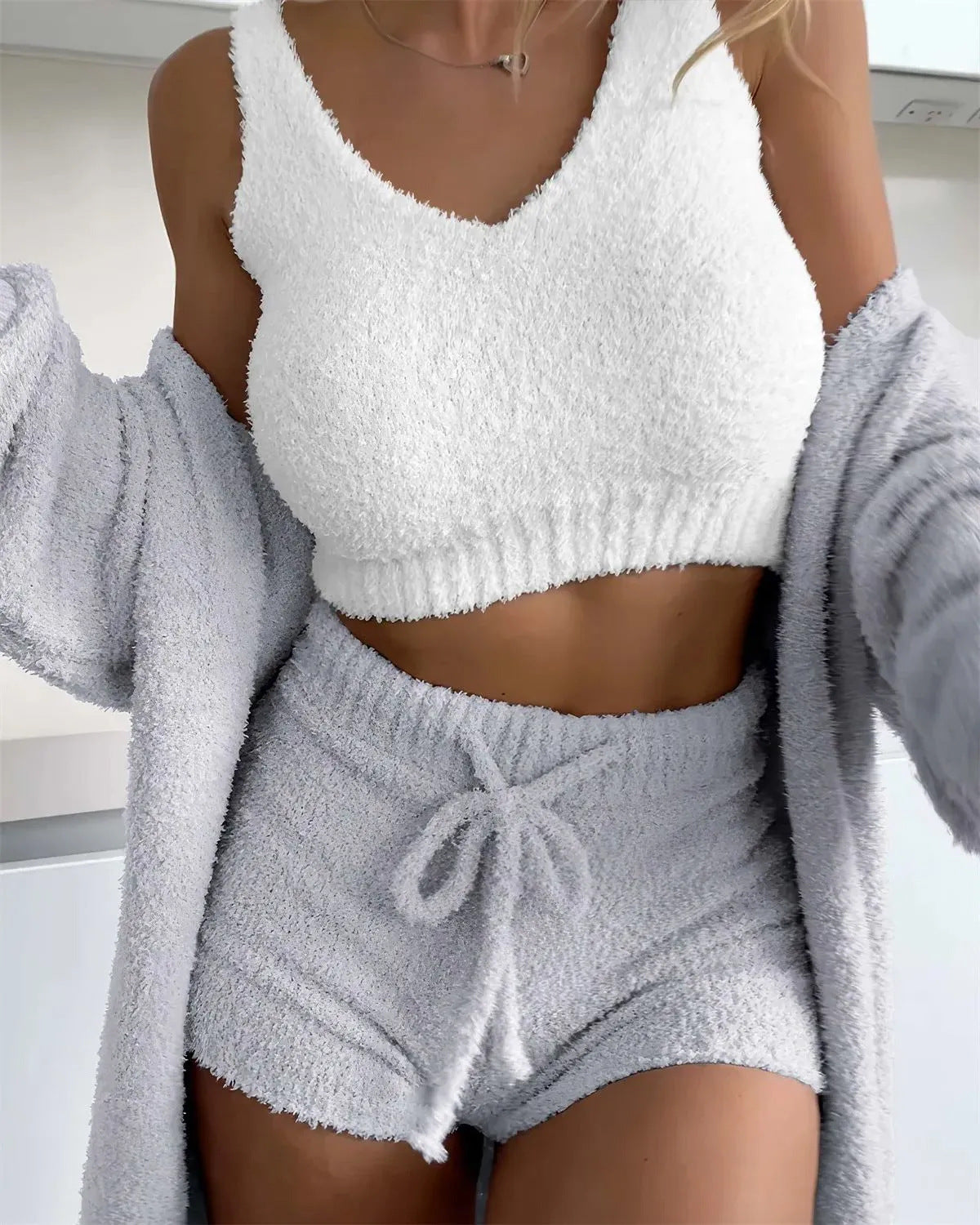 Infinity Beautiful 3-Piece Thermal Lounge Set – Fluffy Coat, Spaghetti Strap Top & Shorts - Infinity Beautiful Boutique