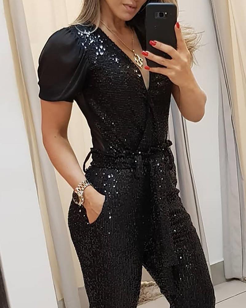 Infinity Beautiful Deep V Sequin Jumpsuit – Glam Party One-Piece for Women - Infinity Beautiful Boutique