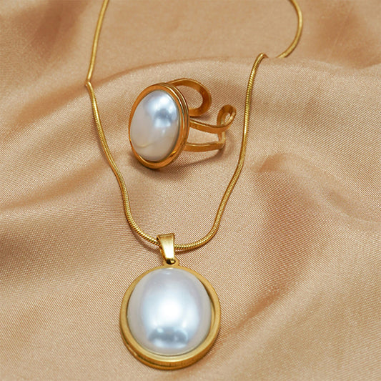 Lxalry Golden Jewelry Set - Elegant Necklace & Ring Combo With Oval Design, Metal Polished Finish, Perfect For Both Day & Night Occasions - Infinity Beautiful Boutique