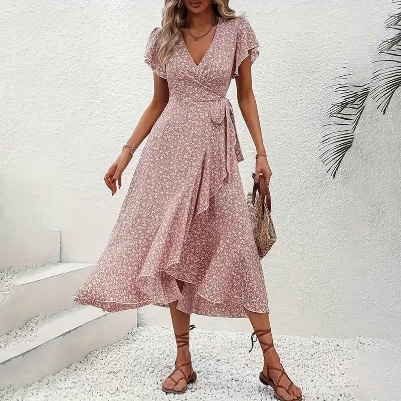Women's Summer Floral Boho Dress Wrap V Neck Short Sleeve Ruffle A-Line Flowy Maxi Dresses - Infinity Beautiful Boutique