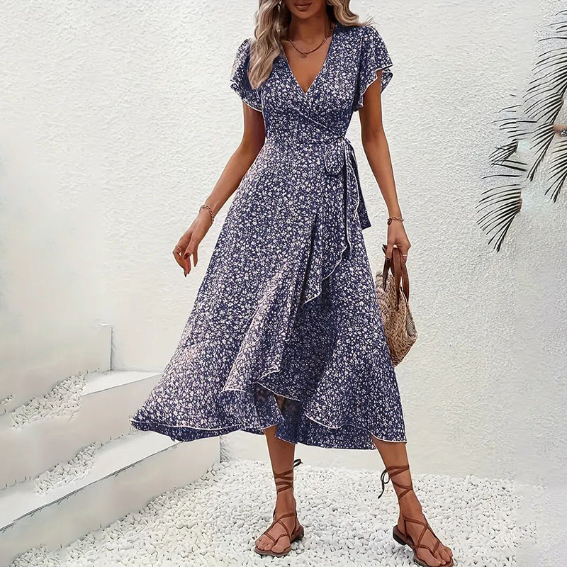 Women's Summer Floral Boho Dress Wrap V Neck Short Sleeve Ruffle A-Line Flowy Maxi Dresses - Infinity Beautiful Boutique