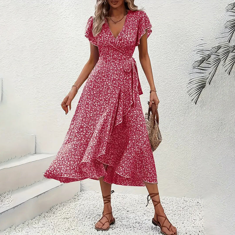 Women's Summer Floral Boho Dress Wrap V Neck Short Sleeve Ruffle A-Line Flowy Maxi Dresses - Infinity Beautiful Boutique