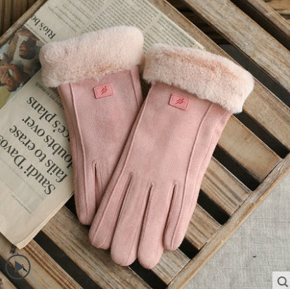 Gloves Female Autumn and Winter Warm Korean Version Plus Velvet Thick five Fingers Retro Suede Touch Screen Gloves Cute Driving - Infinity Beautiful Boutique