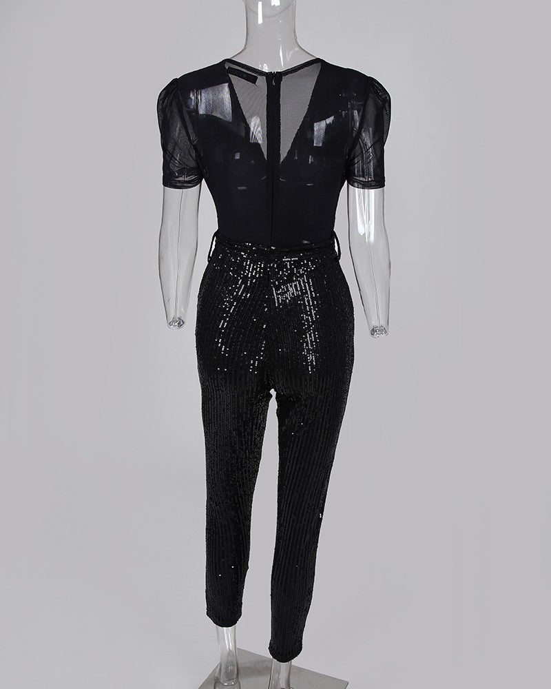 Infinity Beautiful Deep V Sequin Jumpsuit – Glam Party One-Piece for Women - Infinity Beautiful Boutique