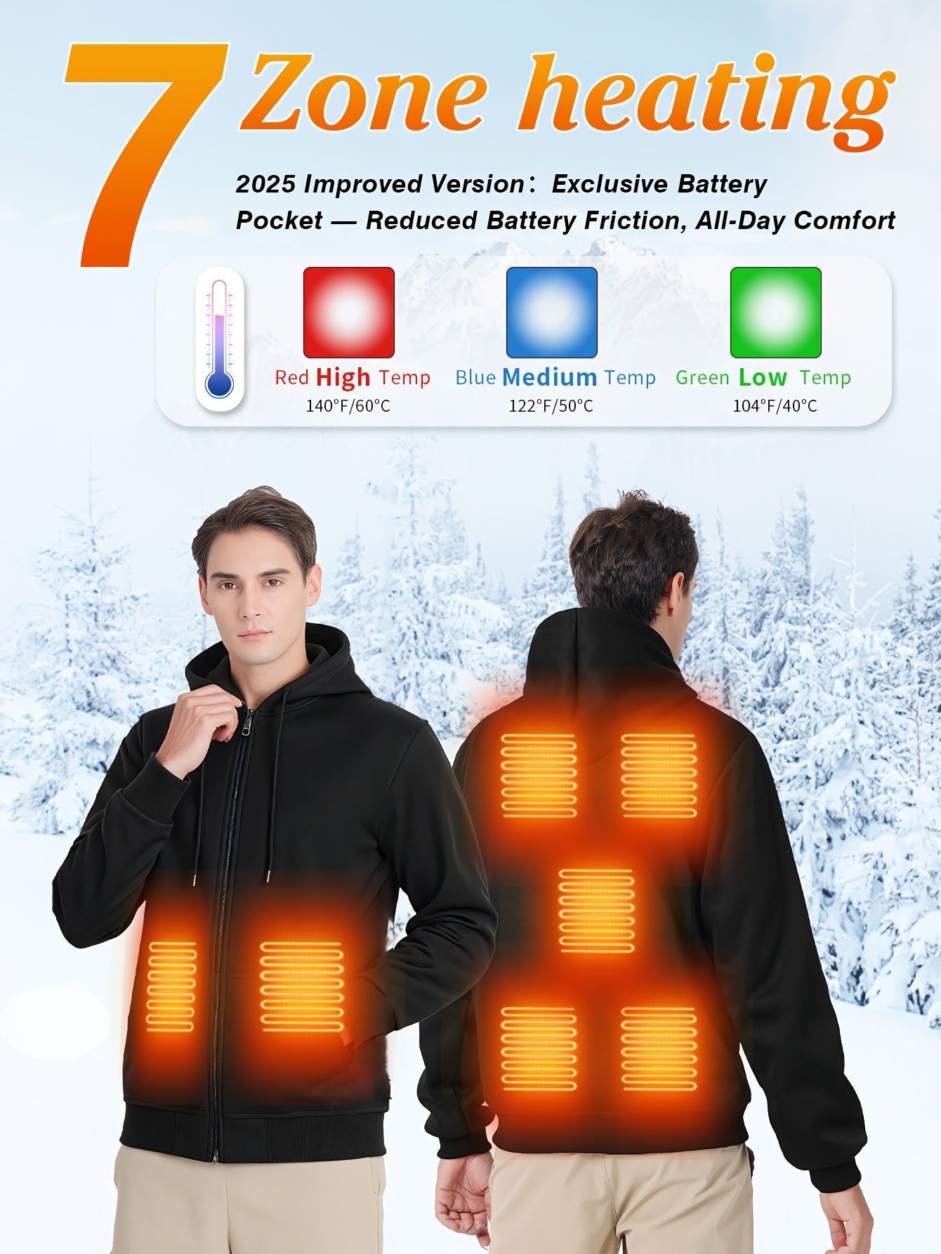 Men’s Heated Zip-Up Hoodie – 7 Heating Zones, Unisex Fit (Battery Not Included)