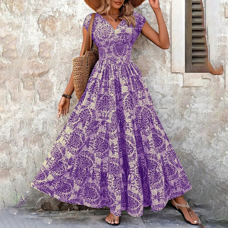 Infinity Beautiful Coastal Glow Maxi – V-Neck Printed Dress with Short Sleeves and Flowing Hem