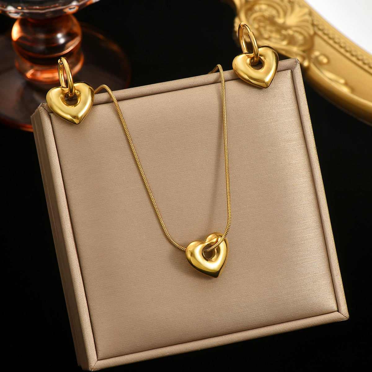 18K Gold-Plated Stainless Steel Heart Pendant Necklace & Hoop Earrings Set – Waterproof, Hypoallergenic Gift for Women