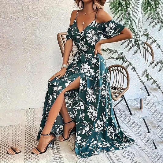 Infinity Beautiful Petal Whisper Maxi – Floral Cold Shoulder Dress with Flowy Slit and Cinched Waist - Infinity Beautiful Boutique