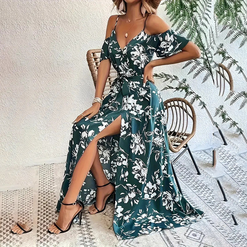 Infinity Beautiful Petal Whisper Maxi – Floral Cold Shoulder Dress with Flowy Slit and Cinched Waist