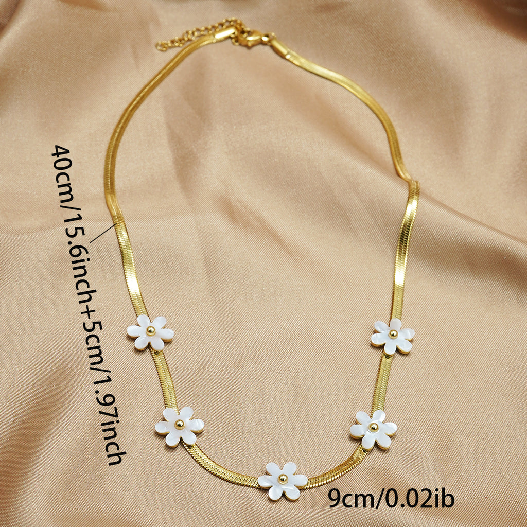 18K Gold-Plated Bohemian Floral Necklace – Stainless Steel White Blossom Charm