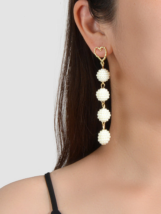 Beautiful White Beads Ball Gold Heart Long Dangle Earrings Perfect
