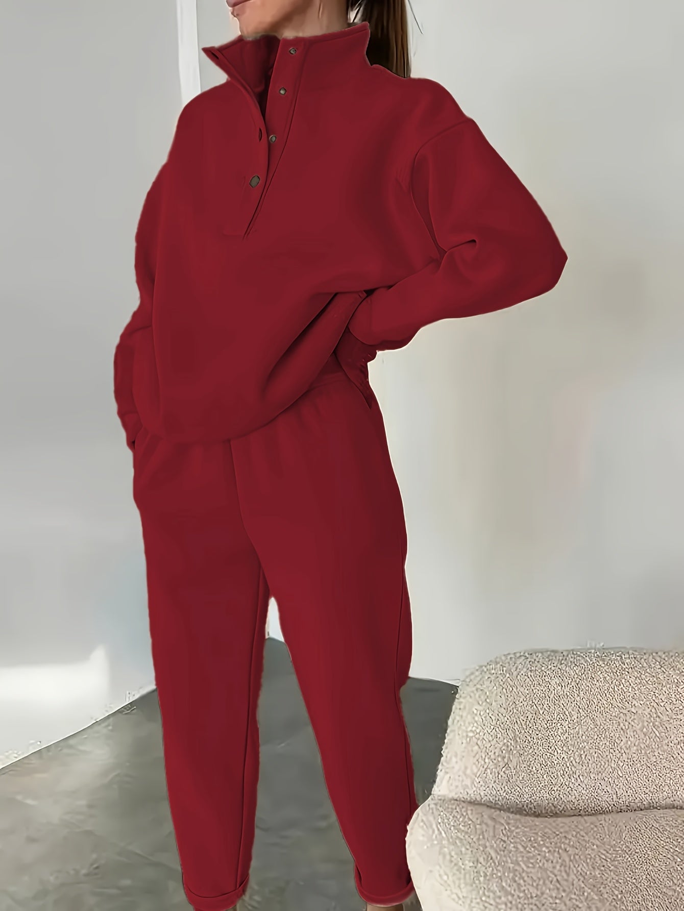 Women’s Beige Fleece-Lined Sweatshirt & Cuffed Pants Set for Fall & Winter