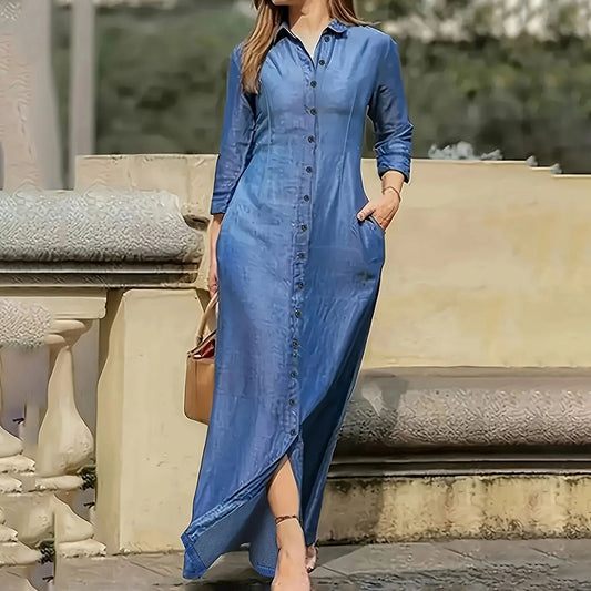 Womens Casual Button Down Denim Maxi Dress Long Sleeve Long Jean Dresses With Pockets - Infinity Beautiful Boutique