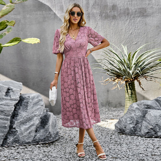 Infinity Beautiful V-Neck Lace Dress – Elegant Short Sleeve Summer Maxi Style - Infinity Beautiful Boutique