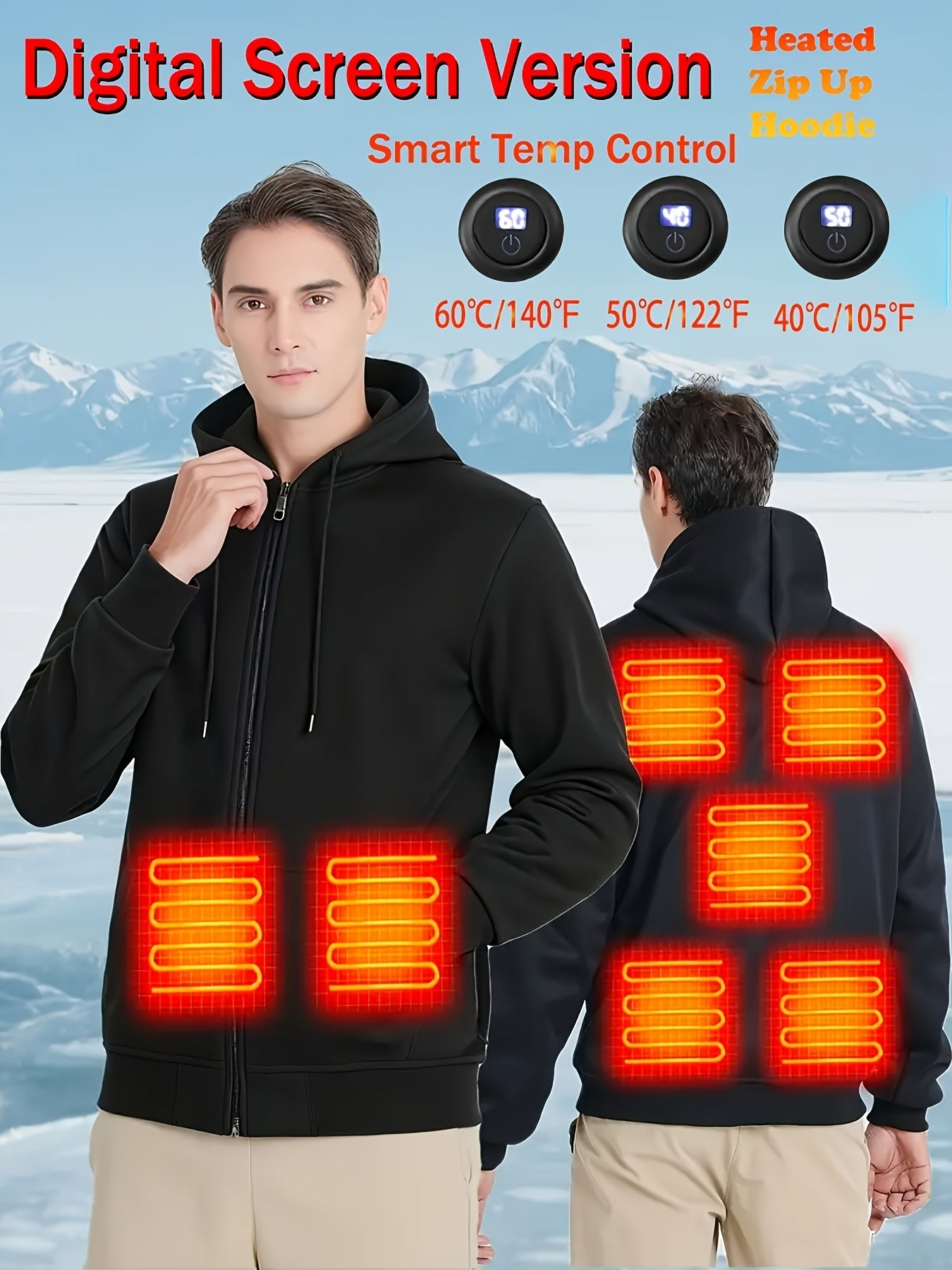 Men’s Heated Zip-Up Hoodie – 7 Heating Zones, Unisex Fit (Battery Not Included)