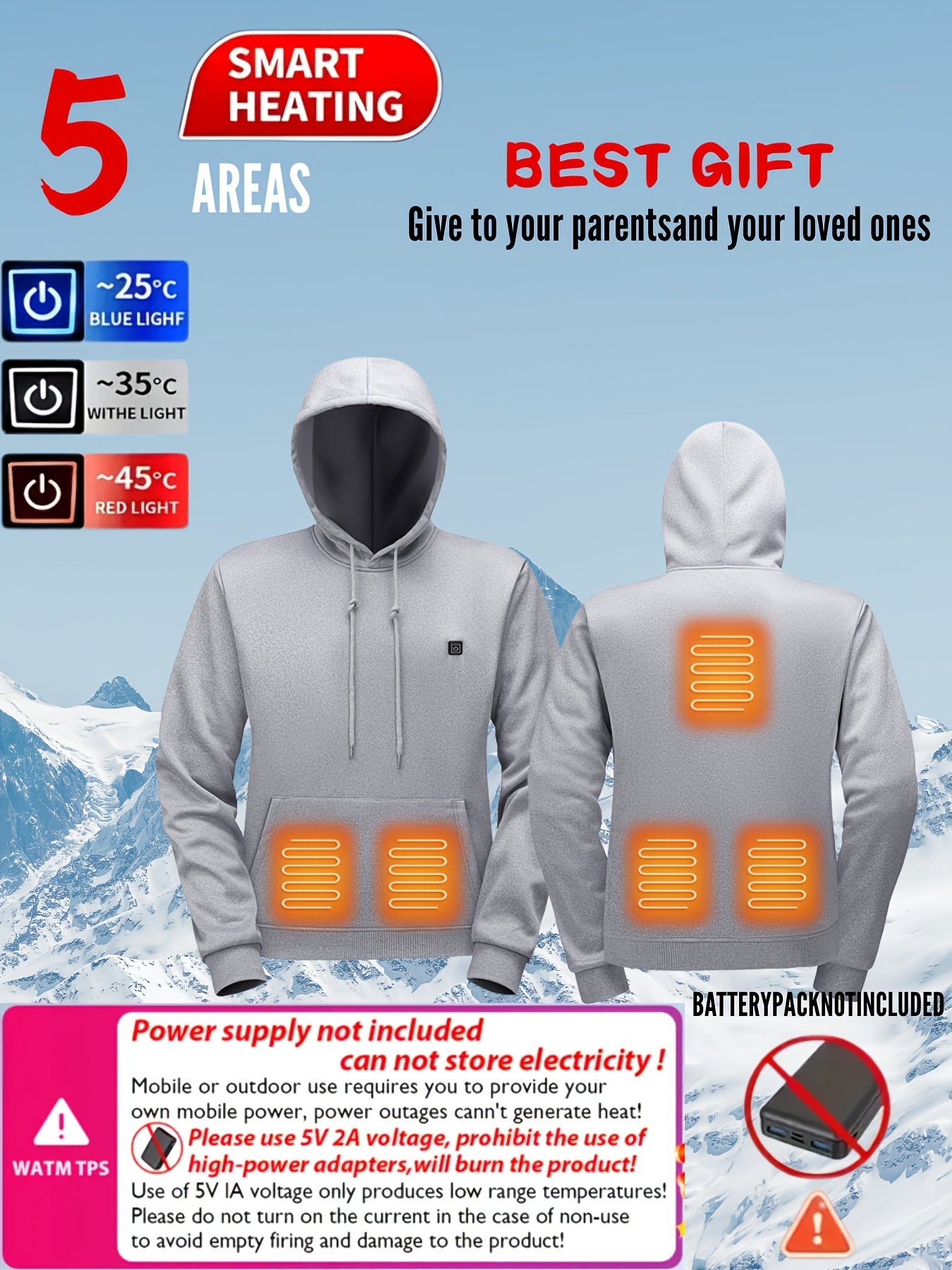 Men’s Heated Hooded Sweatshirt 5-Zone Winter Gear