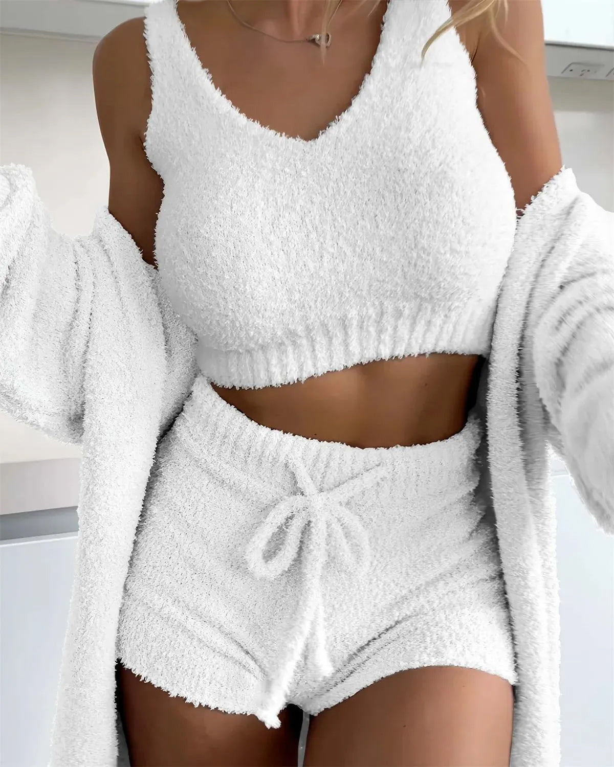 Infinity Beautiful 3-Piece Thermal Lounge Set – Fluffy Coat, Spaghetti Strap Top & Shorts - Infinity Beautiful Boutique