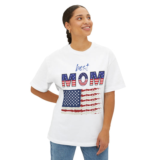 Best Mom American Flag Tee | Unisex Oversized Boxy T-Shirt | Patriotic Gift for Mom | Casual Summer Top