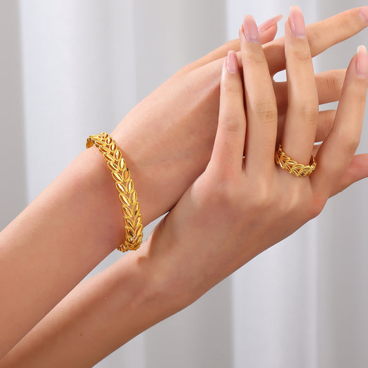 2Pcs Fashion 18k Gold Plated Wheat Ear Leaves Opening Bracelet Ring Set Suitable For Women's Daily Wear Holiday Jewelry Gifts - Infinity Beautiful Boutique