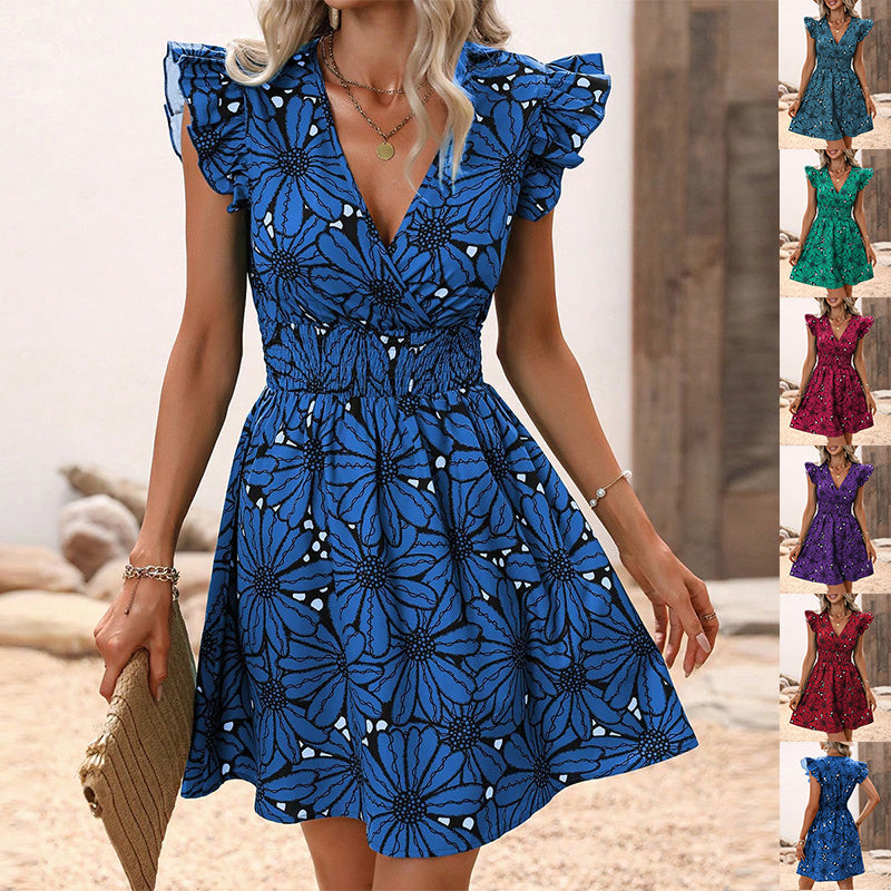 New Flowers Print Ruffled Sleeveless Dress Summer Sexy Deep V-neck Slim-waist Short Dresses For Womens Clothing - Infinity Beautiful Boutique