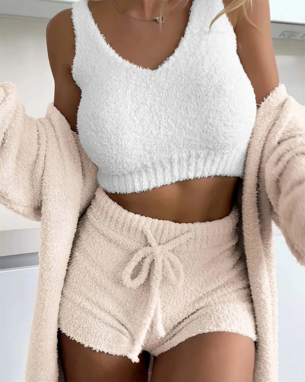 Infinity Beautiful 3-Piece Thermal Lounge Set – Fluffy Coat, Spaghetti Strap Top & Shorts - Infinity Beautiful Boutique