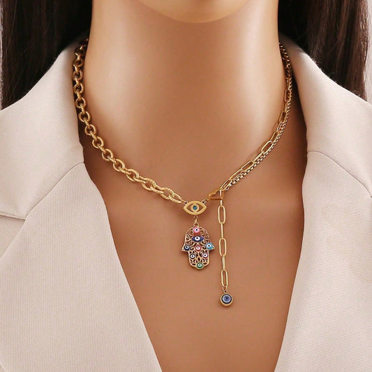 Boho Hamsa Hand Pendant Vintage Collarbone Necklace