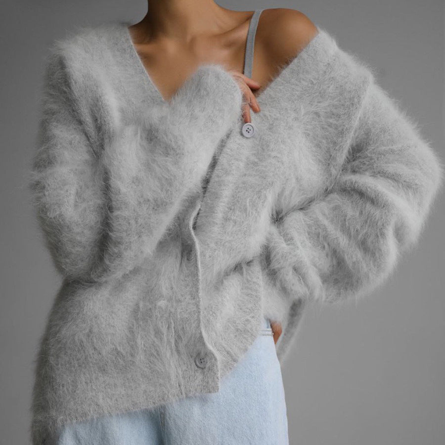 Loose V-neck Button Cardigan Fall Winter Fashion Single Breasted Knitted Sweater Top Women's Clothing - Infinity Beautiful Boutique
