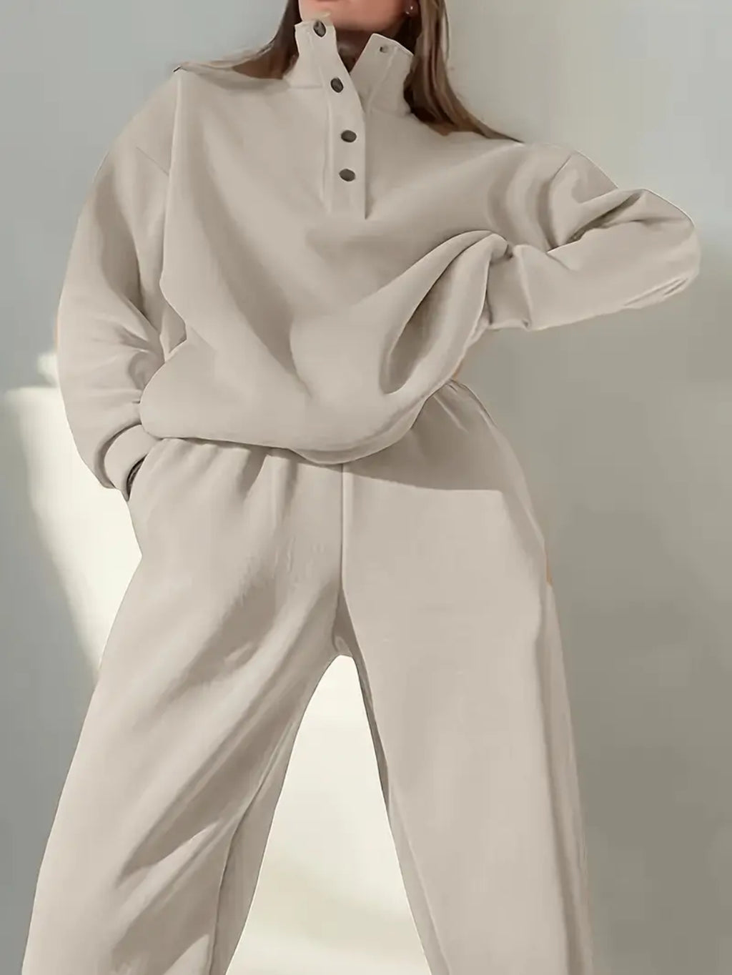 Women’s Beige Fleece-Lined Sweatshirt & Cuffed Pants Set for Fall & Winter