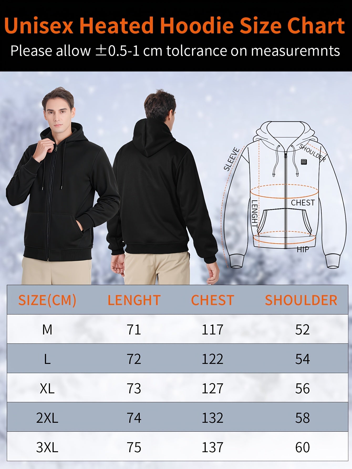 Men’s Heated Zip-Up Hoodie – 7 Heating Zones, Unisex Fit (Battery Not Included)