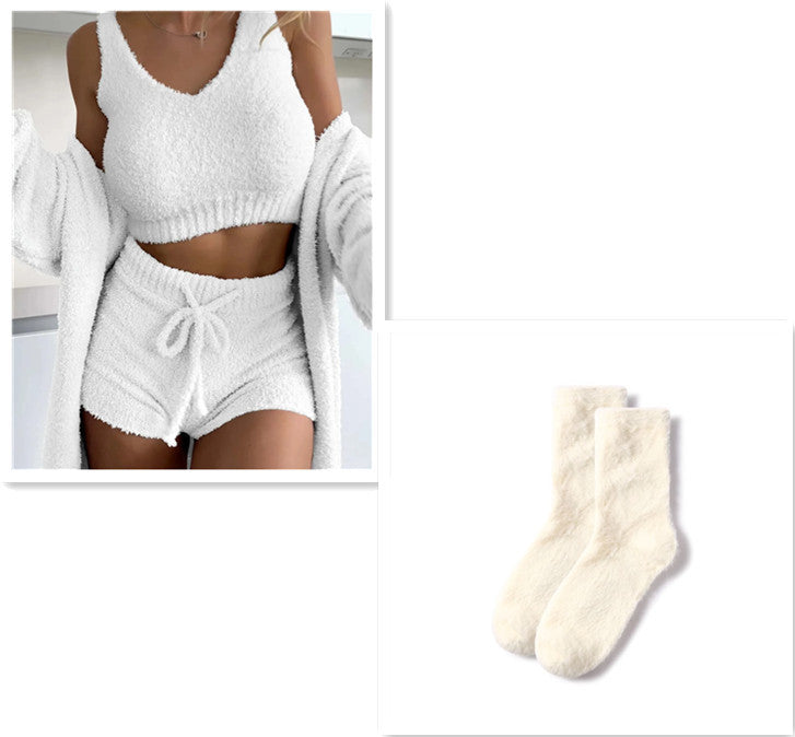 Infinity Beautiful 3-Piece Thermal Lounge Set – Fluffy Coat, Spaghetti Strap Top & Shorts - Infinity Beautiful Boutique