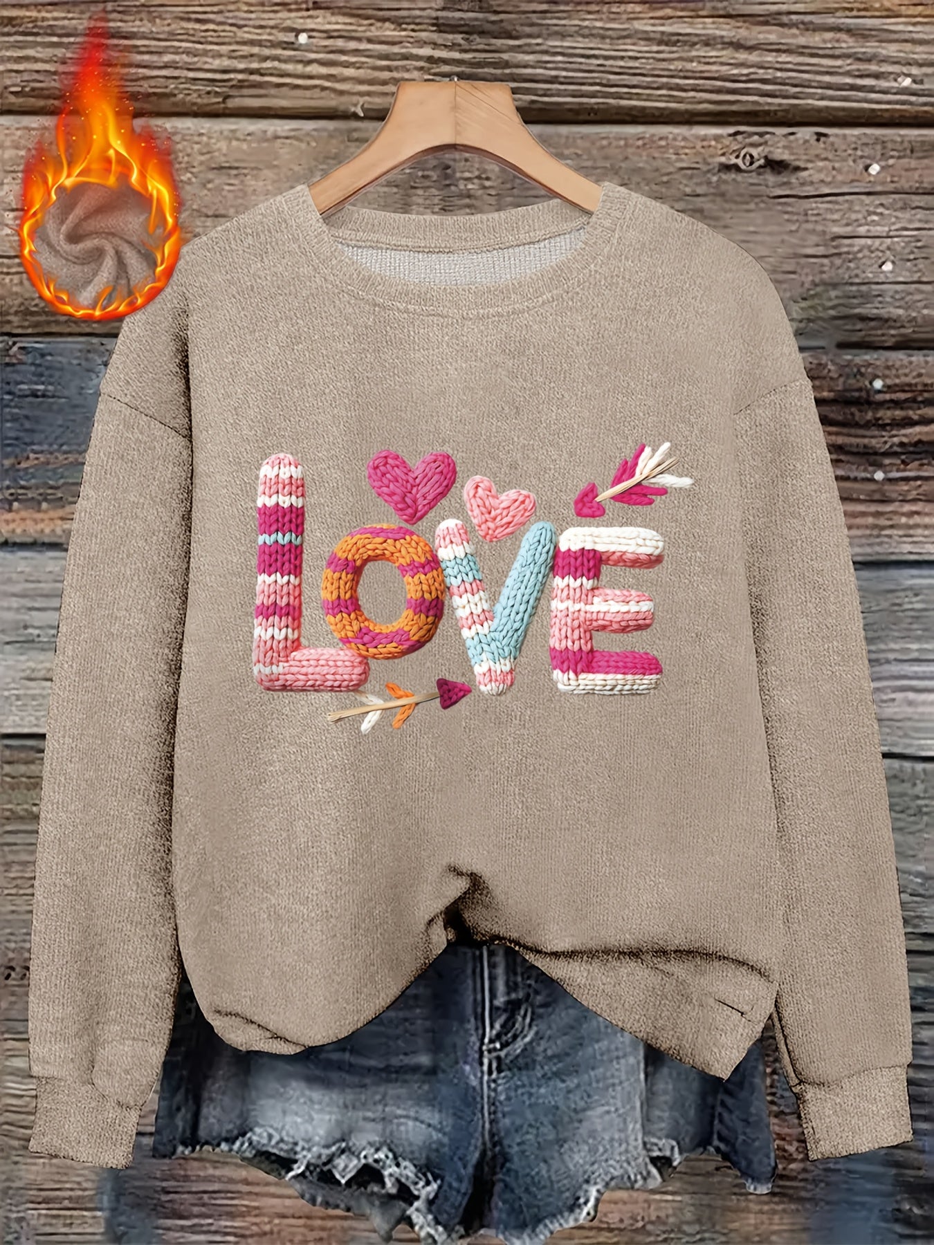 Women’s Heart Print Faux Fur Crew Neck Sweater